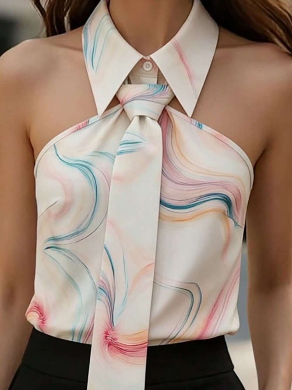 Multicolor Elegant Women's Tie Collar Backless Blouse